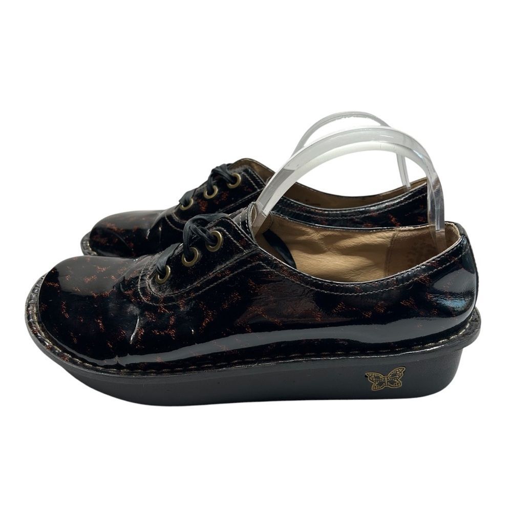 Alegria Black cheetah animal print clogs loafers ribbon laces 41